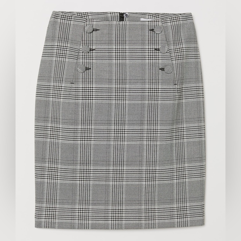 H&M Black and White Plaid Mini Skirt with Buttons Zip-Up SZ 8